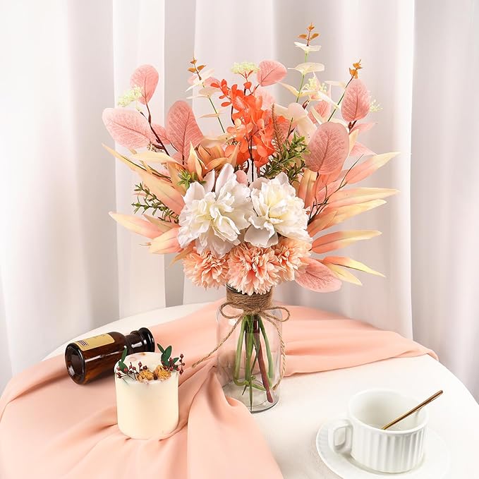 Fake Flowers Faux Flowers in Vase, Artificial Flowers with Vase, Floral Arrangements Artificial Plants Boho Silk Flowers Bouquet for Home Decor Indoor Dining Table Centerpieces Decorations (Champagne)