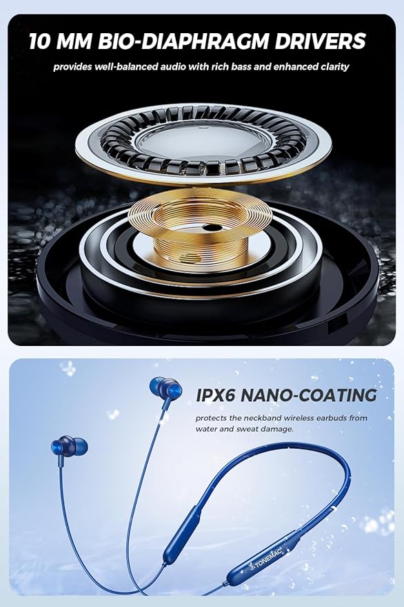 TONEMAC N8 Bluetooth Neckband Earbuds | 40Hrs Playtime Headphones, IPX6 Waterproof, Deep Bass Earphones, Clear Calls, Headset for Music, Sports, and Phone Calls Blue