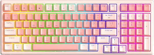 HUO JI 96% Wireless Mechanical Keyboard, Hot Swappable, Pre-lubed Blue Switches, Gasket Structure, Bluetooth/2.4GHz/USB-C, Led Backlit Sidelit, Custom Gaming Keyboard for PC (Pink)