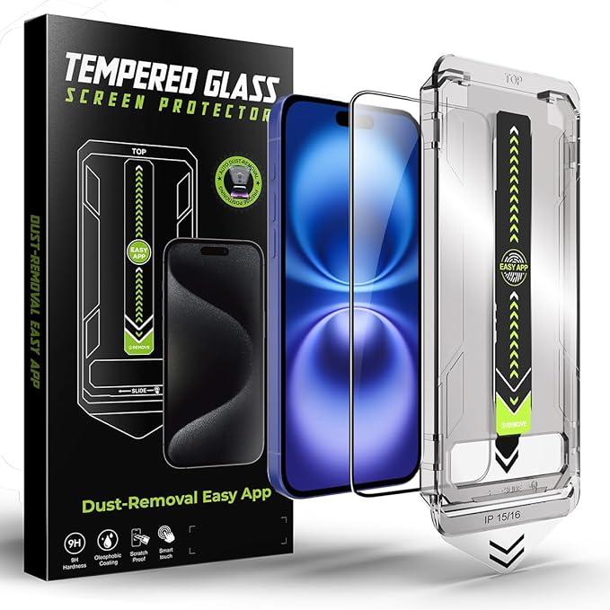 2 Pack Screen Protector for iPhone 16/iPhone 15, 9H Tempered Glass, High Definition Clear, Full Coverage, Anti-Fingerprint, Auto Dust-Elimination, No Bubble, Easy Installation