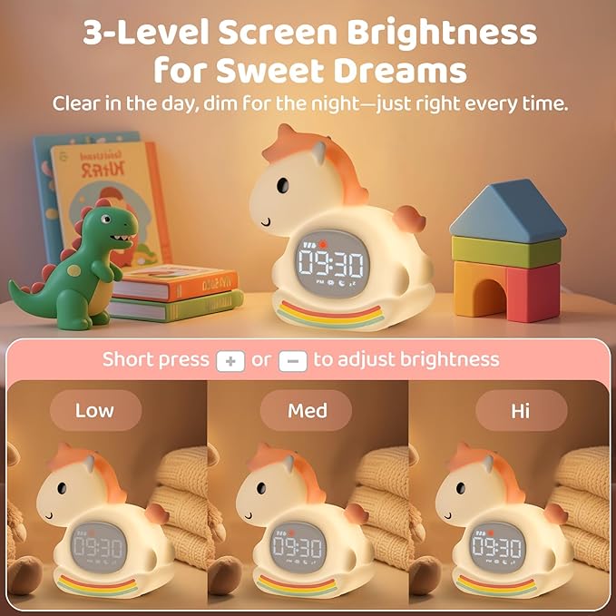 Alarm Clock with Night Light for Kids with Sleep Training and Sound Machine, Rechargeable Silicone Lamp OK to Wake Clock，Cute Animal Tabletop Lamp, Perfect Sleep Companion for Boys Girls,Pink Pony