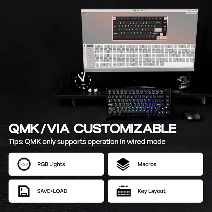 EPOMAKER QK81 75% Wireless Mechanical Gaming Keyboard, QMK/VIA Programmable and Hot-Swappable, 81 Keys with Metal Knob, 2.4Ghz/BT/USB, Creamy Gasket-Mount, RGB Backlight (Black, Flamingo Switch)
