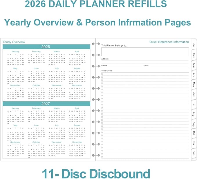 2026 Planner Refills, 11-Disc Discbound One Page Per Day, Daily ＆ Monthly Planner Refill from January 2026 - December 2026, Letter Size, 8.5" x 11"