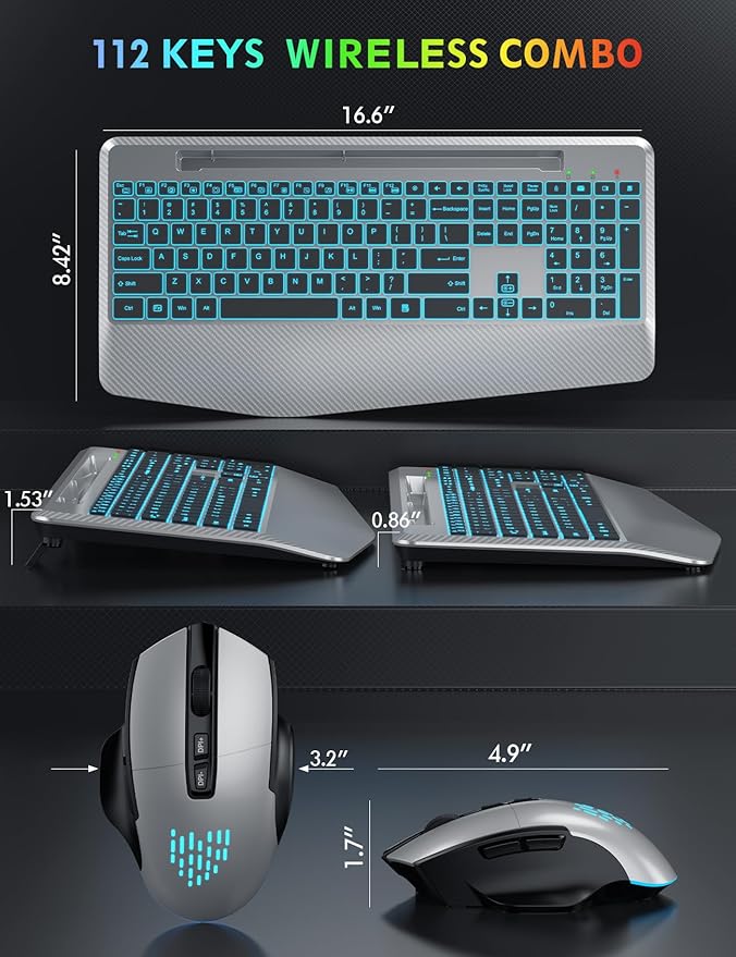 Wireless Keyboard and Mouse Backlits, Wrist Rest, LED Mouse, Rechargeable Ergonomic Keyboard with Phone Holder, Silent Light Up Combo for Computer, Mac, PC, Laptop, Chromebook (Silver Black)