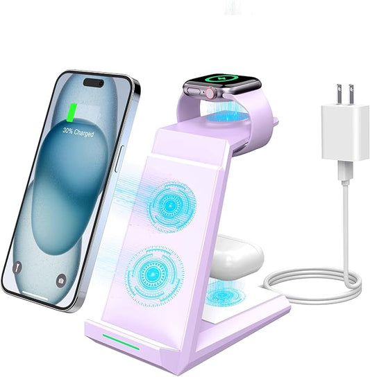 Wireless Charging Station for iPhone - ADADPU 3 in 1 Charger Stand for iPhone 17 16 15 14 13 12 11 Pro Max XR 8 Plus, Wireless Charging Dock for Apple Watch 8/7/SE/6/5/4/3/2, AirPods Pro/3/2 (Purple)