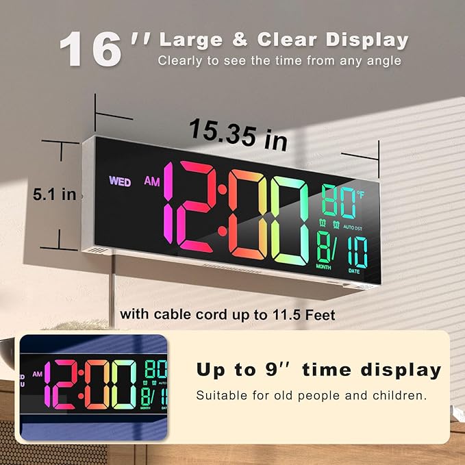 JALL 16" Large Digital Wall Mount Clock, Count Down Timer, Alarm, Big LED, 8 RGB Color, DST, Temperature for Living Room Classroom Desk, Xmas, Birthday Gift for Senior Mom Dad (White Shell, 16 inches)