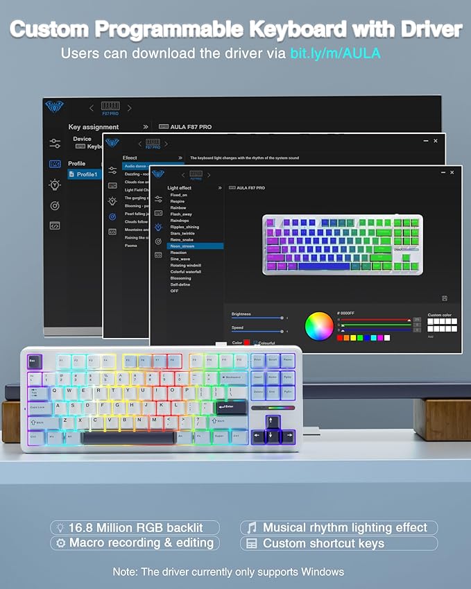 AULA F87 Wireless Mechanical Keyboard, 75% TKL Custom Hot Swappable Gaming Keyboards with PBT Keycaps, Pre-lubed Greywood Switches, RGB Backlit Creamy Keyboard, 2.4GHz/USB-C/BT5.0