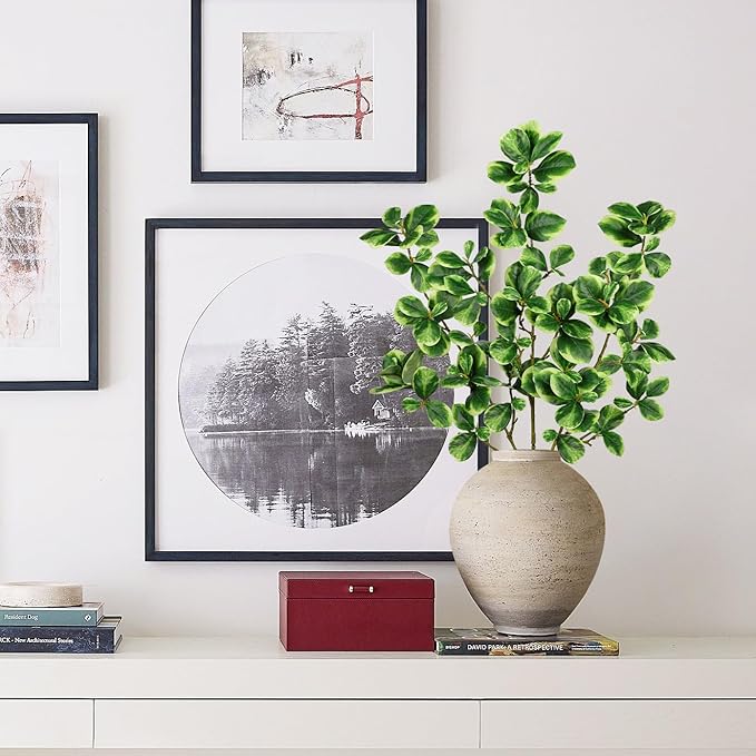 Hollyone 3 Packs Artificial Greenery Stems 36.2 Inch Faux Stems White Edged Leaves with Long Stems Fake Branches Greenery Stem for Vase Garden Home Office Wedding Decoration