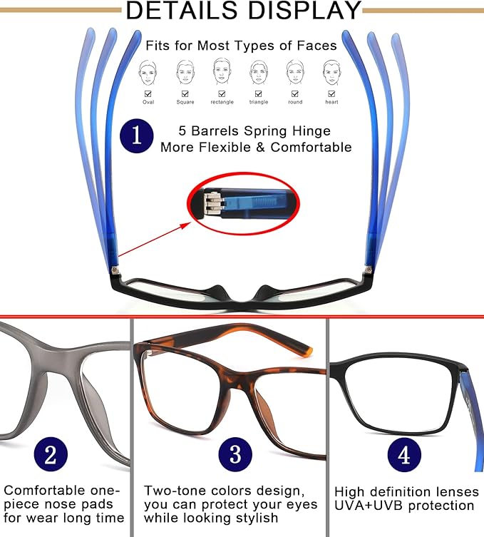 Blue Light Blocking Reading Glasses for Men 4-Pack Stylish Computer Readers with Spring Hinges,Anti Glare/Eye Strain Filter UV Ray Lightweight Reader Eyeglasses,+3.0 Magnification Strength