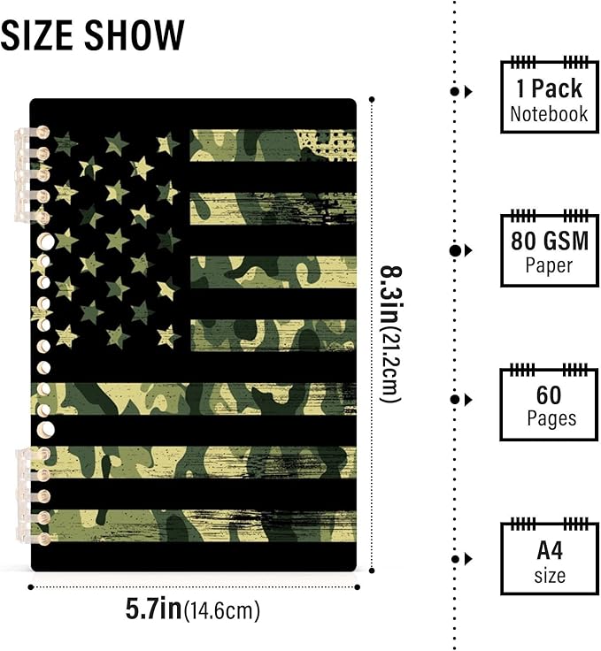 senya Spiral Notebook Ruled 2 Pcs, American Flag with Camouflage Grunge Journals for Study and Notes 60 Pages with Durable Hardcover