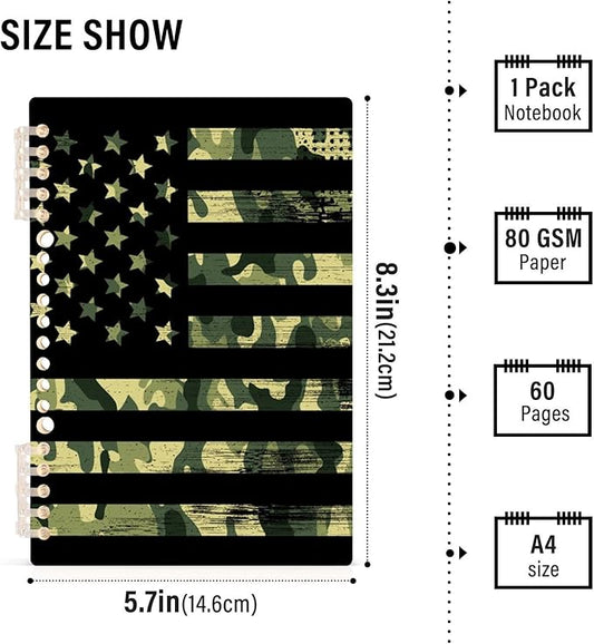 senya Spiral Notebook Ruled 2 Pcs, American Flag with Camouflage Grunge Journals for Study and Notes 60 Pages with Durable Hardcover