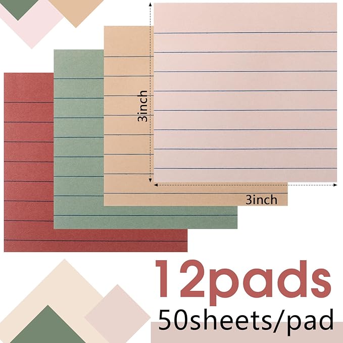 12 Pack Vintage Lined Sticky Notes 3x3 inch Post Ruled Stickies Super Self Stick Power Memo Pads Multi Colors Notes Pads Vintage Aesthetic School Office Supplies Accessories