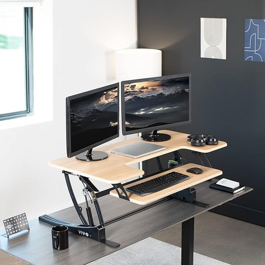 VIVO 42 inch Height Adjustable Stand Up Desk Converter, V Series, Quick Sit to Stand Tabletop Dual Monitor Riser Workstation, Light Wood Top, Black Frame, DESK-V000VLO