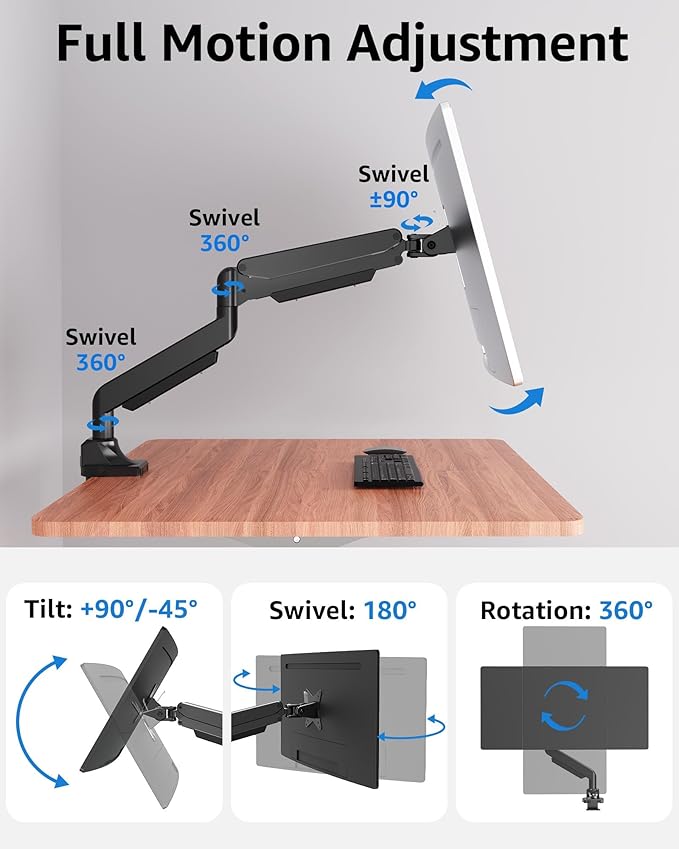 MOUNTUP Single Monitor Mount fits 43 42 40 39 37 34 32 27 inch Ultrawide Screen, Holds 6.6-33lbs, Computer Monitor Arm Desk Mount, Heavy Duty Gas Spring Monitor Stand with C-clamp/Grommet Base