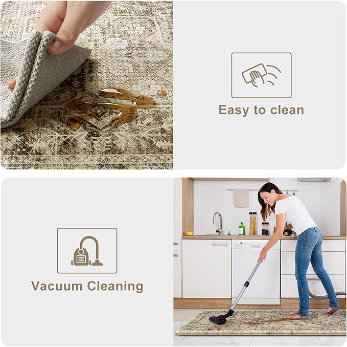 KIMODE Anti Fatigue Kitchen Mats for Floor, Boho Kitchen Rugs Sets of 2, Cushioned Kitchen Floor Mats, Comfort Standing Mat for Sink Laundry Office Desk Brown 17"x59"+17"x29"
