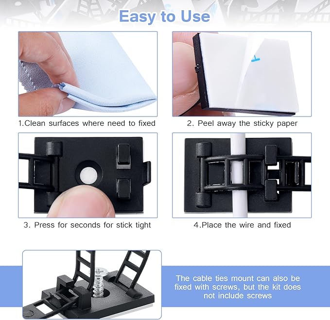 100PCS Adhesive Cable Ties Cable Clips, Self-adhesive Nylon Cable Straps, Adhesive Cable Management Clips for Wire Management (Black-Adhesive Cable Ties)