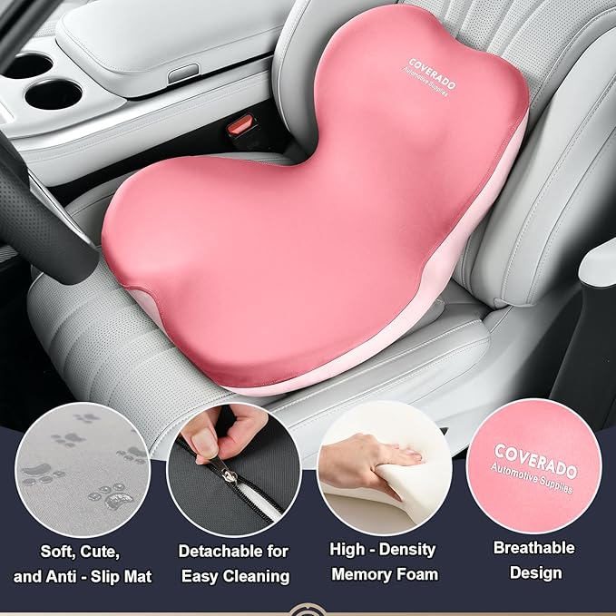 Coverado Seat Cushion and Lumbar Support Pillow One Piece for Car Office Chair, Ergonomic Memory Foam Desk Chair Cushion Back Support Pillow, Sciatica & Back & Tailbone Pain Relief Cushion-Pink