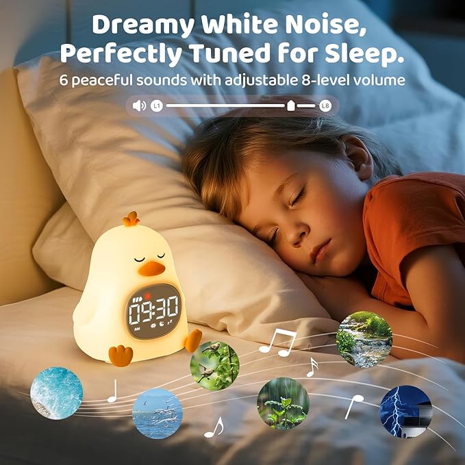 Sleepy Duck Alarm Clock with Night Light for Kids with Sleep Training and Sound Machine, Rechargeable Silicone Lamp OK to Wake Clock，Cute Animal Tabletop Lamp, Perfect Sleep Companion for Boys Girls