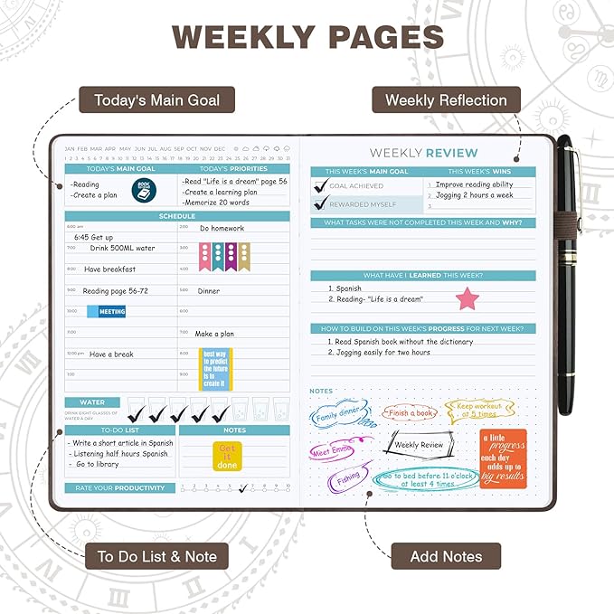 2025-2026 Undated 12 Month Planner Hardcover (5.5x8.5") - Weekly & Monthly Academic Life Organizer, Productivity Journal, Thick Paper, Sticker, Bookmark, Pen Loop(Brown)