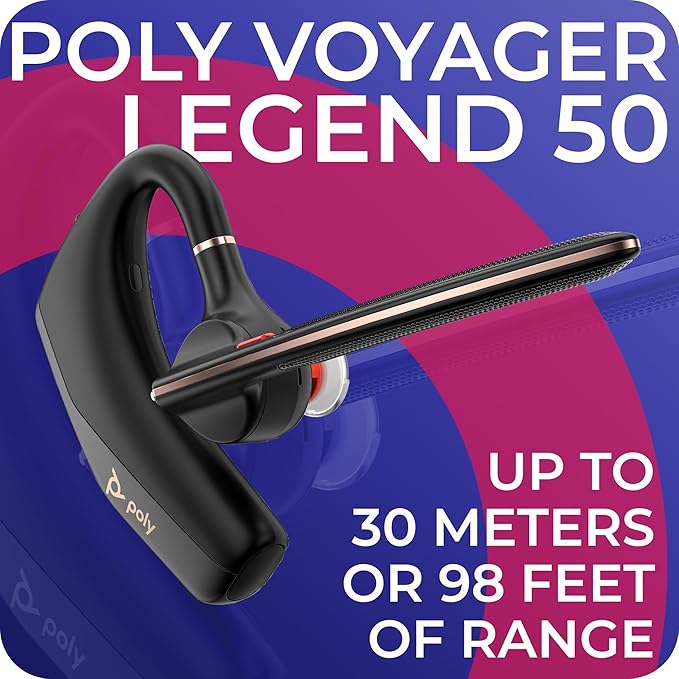 Poly Voyager Legend 50 Bluetooth Headset Noise Cancellation, 4-Mic WindSmart Tech, 10-Hour Battery, Fast Charging, 98 ft Wireless Range, Multipoint Connectivity, Voice Assistant, GTW Card (Pack of 5)