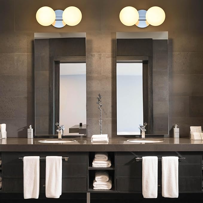 Bathroom Vanity Light Fixtures, Modern 2 Lights Globe Wall Sconce Lighting Chrome, Porch Wall Mount Light Fixture for Bathroom, Mirror Cabinets Hallway Stairs