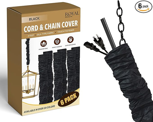 Royal Designs, Inc. Cord & Chain Cover 4 ft Silk Type Fabric, Chandelier Pendant Lighting Chain & Cable Management, Touch Fastener, Black - 6 Pack