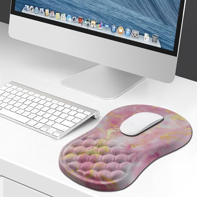 Hokafenle Ergonomic Mouse Pad Wrist Support, Wrist Rest Mousepad for Carpal Tunnel Pain Relief with Integrated Memory Foam Slope Massage Bulge (11.8x7.9 inch,Pink Gold Marble