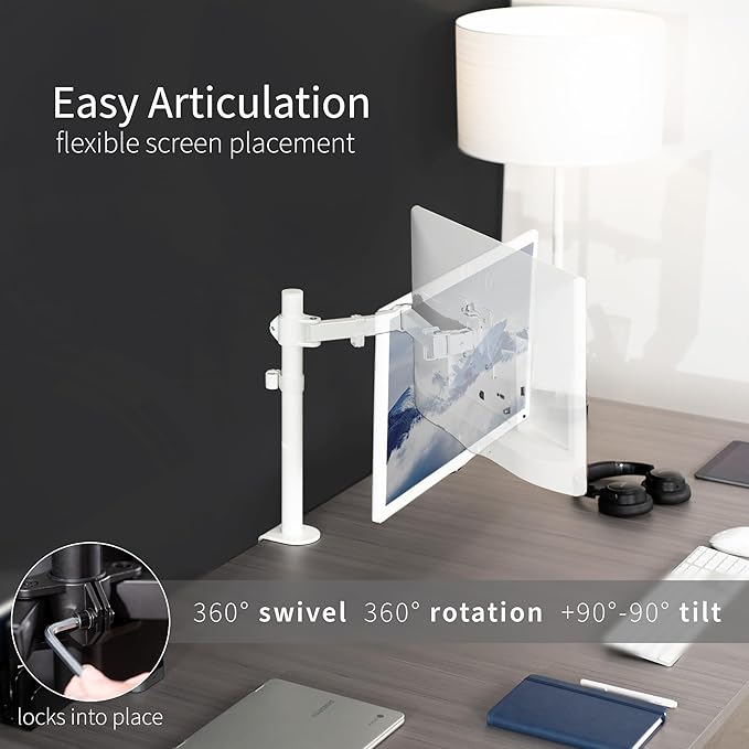 VIVO Single Monitor Arm Desk Mount, Holds Screens up to 32 inch Regular and 38 inch Ultrawide, Fully Adjustable Stand with C-Clamp and Grommet Base, VESA 75x75mm or 100x100mm, White, STAND-V001W