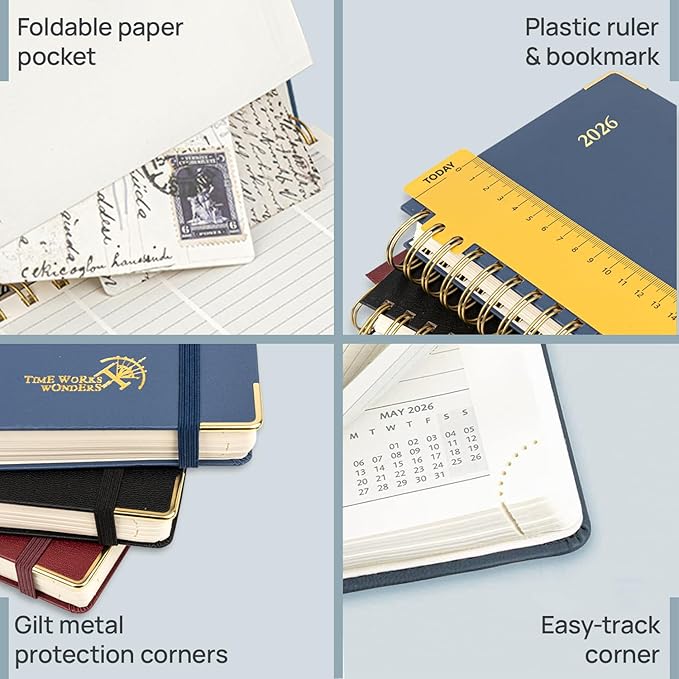 POPRUN 2026 Daily Planner One Page A Day - [A4 Large Size 8.25" x 12" -Spiral Hard Cover], Agenda 2026 Hourly Appointment Book with Monthly Calendar, Pen Holder, Ivory Paper -Haze Blue