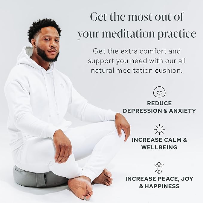 Mindful & Modern Large Meditation Cushion | Zafu Yoga Bolster Meditation Floor Pillow Seat | Buckwheat Hull Filled Crescent Shaped Cushion with Removable Washable Cover + Carry Handle