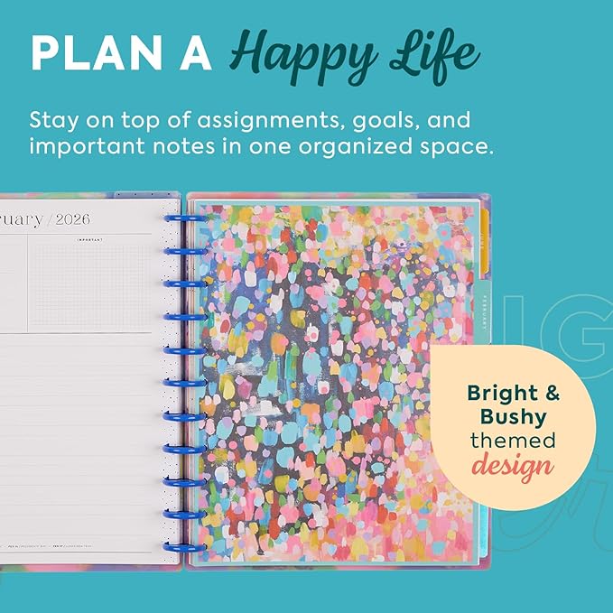 Happy Planner Disc-Bound Planner Jan.–Dec. 2026, Includes 3 Extra Months and 2 Sticker Sheets, Big Size, 8.5" x 11", Dashboard Layout, Bright & Bushy