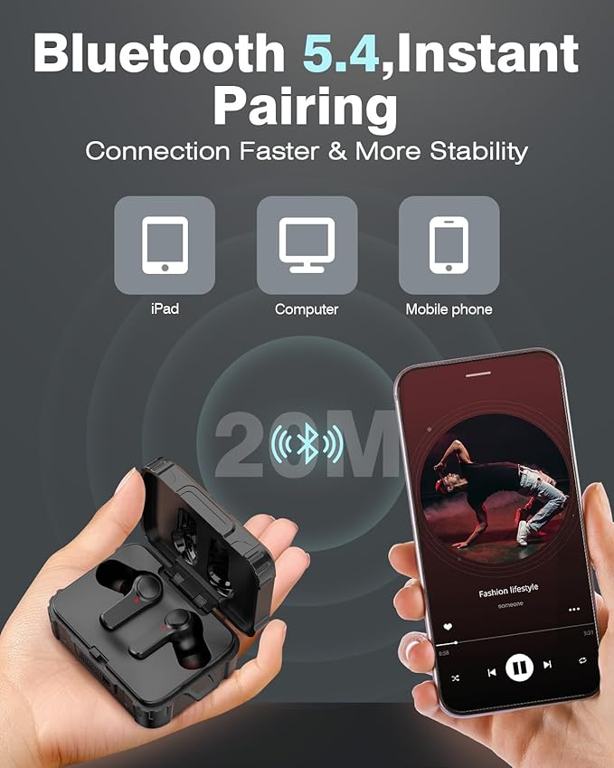 29dB SNR Wireless Earbuds Bluetooth 5.4, 70H Playtime Military IPX6 Waterproof Headphones, 66ft Range Sport Earphones for Construction Running Gym