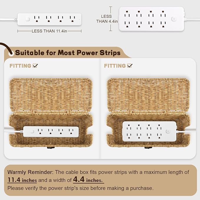 Handmade Cable Management Box – Stylish & Functional Cable Organizer with 2 Open Slots for Home & Office, TV Wires Computer Router USB Hub & Power Strip Rattan Cord Hider Box (Wood Color)