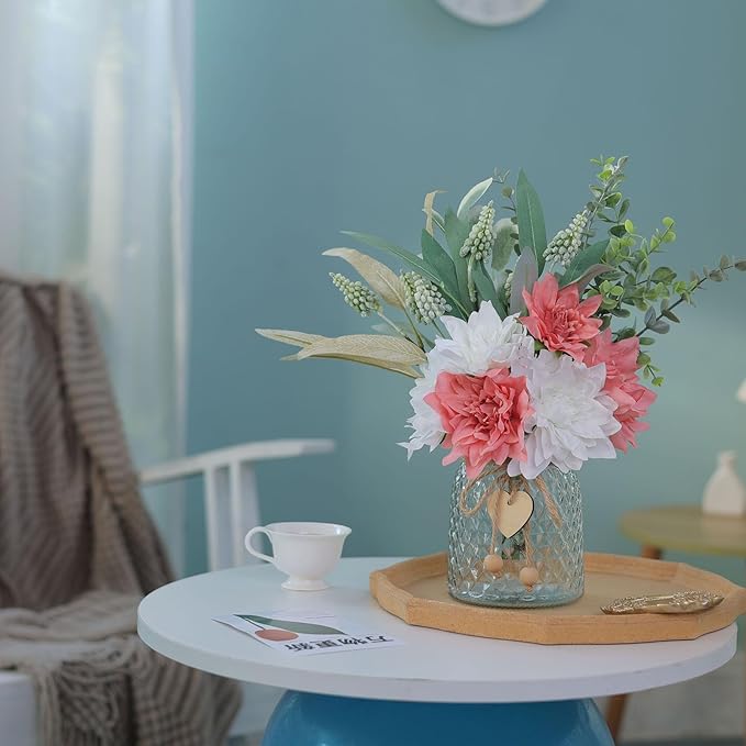 Faux Flowers with Vase,Artificial Silk Flowers in Vase, Fake Plant Eucalyptus and Willow,Flower Arrangement for Home Farmhouse Dining Table Centerpiece Decorations Coffee Table Decor (Dusty Pink)