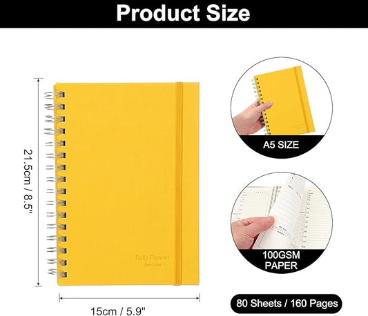 PATIKIL Undated Daily Planner with Hourly Schedule, A5 5.5"x 8.5" To-Do List Hard Cover Spiral Notebook Appointments Planner with Inner Pocket to Organize Daily Tasks Agendas, Yellow