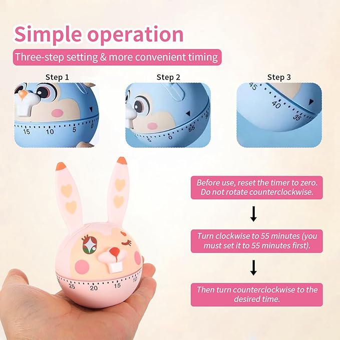 Mechanical Kitchen Timer, Cute Wind Up 60-Minute Manual Countdown for Kids, Classroom, Home, Study and Cooking