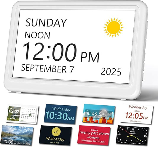 Mesqool 7" Digital Dementia Alarm Clock Large Display for Seniors, Plug in Electric Date Day of Week Calendar Clock 23 Alarms 18 Ringtones for Elderly Memory Loss Alzheimer’s, Auto DST