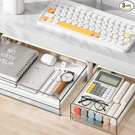 3 Pcs Under Desk Drawer Organizer, Table Hidden Slide Out Desk Drawers Clear Mounted Desktop Pencil Holder 2 Sizes Drawer Divider for Home Office Kitchen Bedroom