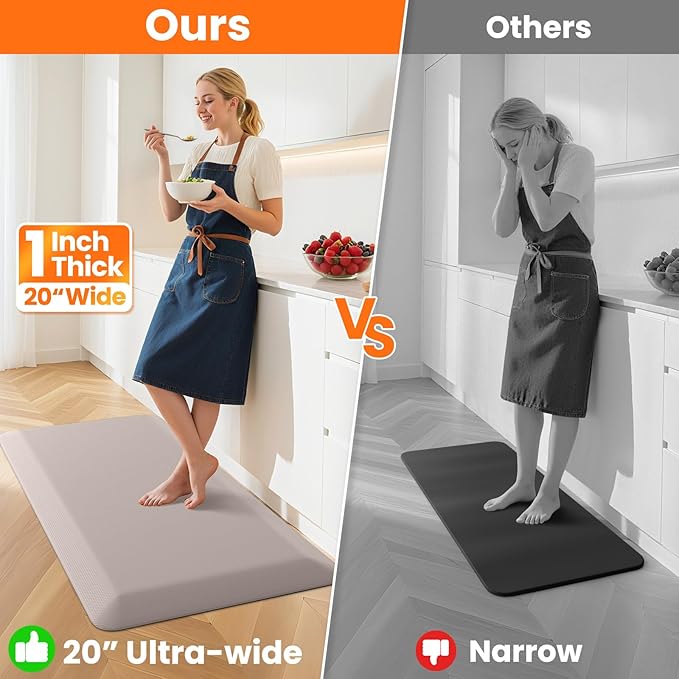 Kitchen Mats for Floor, 1 Inch Extra-Thick Kitchen Rugs, Non-Slip & Waterproof Standing Desk Mat, Comfort Anti Fatigue Mats for Kitchen Floor, Home, Sink, Office (20" X 39", Khaki)