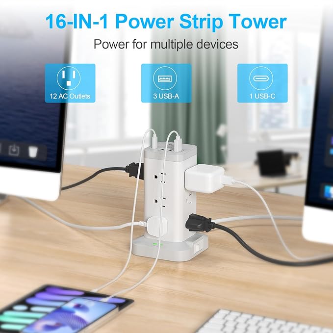 BEVA Power Strip Tower with USB Ports, 6.5 FT Surge Protector Power Tower, 12 AC and 4 USB Ports, 6.5 FT Extension Cord with Multiple Outlets, Office Supplies Office Organization