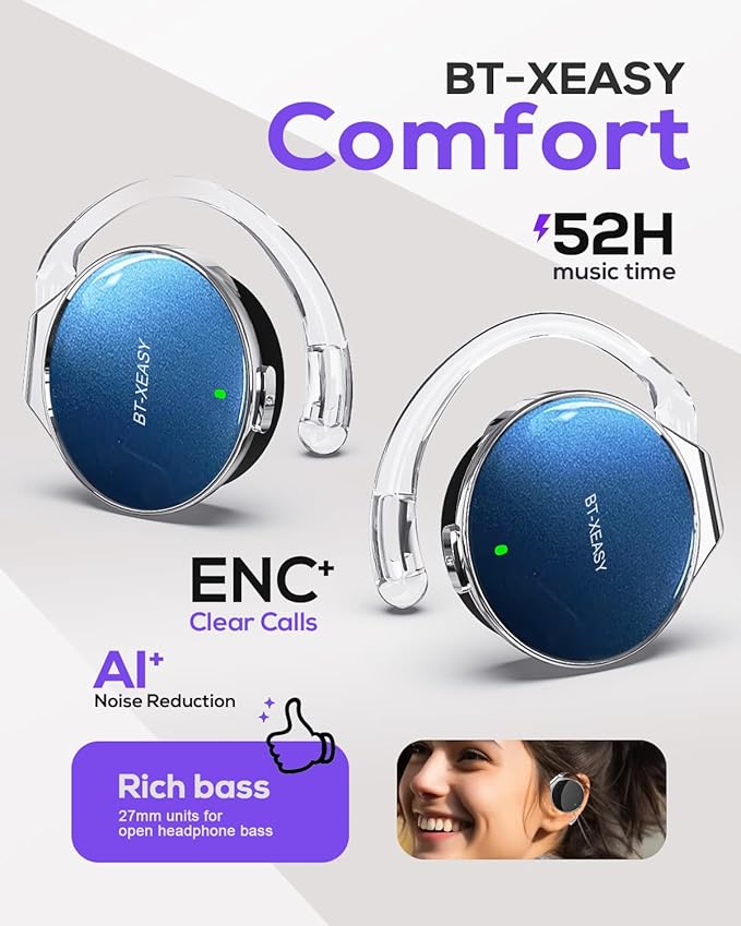 On Ear Headphones Bluetooth 5.4, Noise Cancelling Open Ear Headphones Wireless, Water-Drop Shaped Clip On Sport Headset Bluetooth with 4 Microphone, Comfort Fit Earphones with Long Battery Life