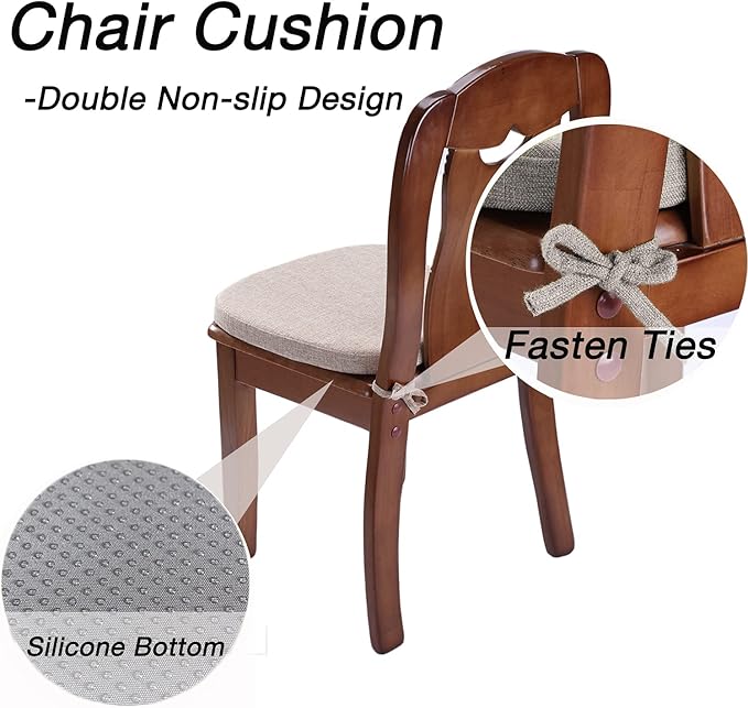 Chair Cushion with Ties for Dining Chairs - Memory Foam Non Slip Kitchen Chair Pad and Dining Seat Cushion with Machine Washable Cover Set of 4 [16.5 x 16.2 Inches] - Dark Beige