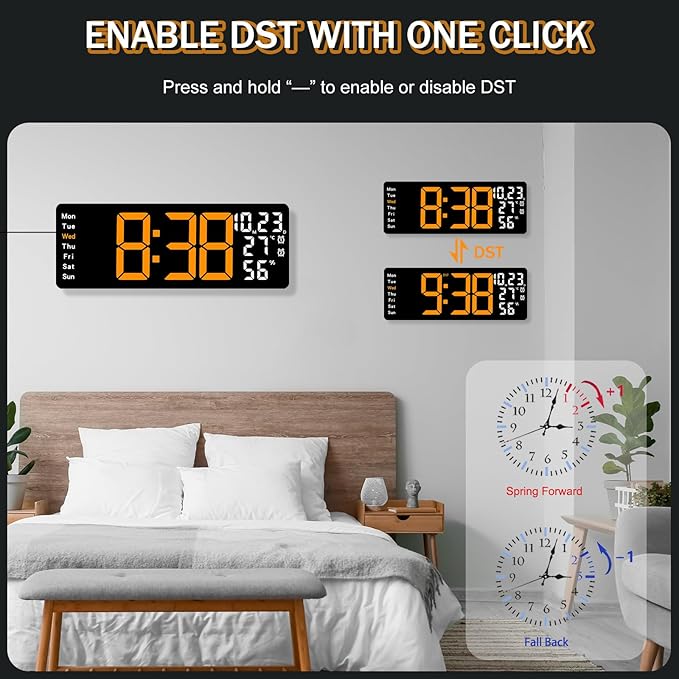 JoFomp 17.3" Large Digital Wall Clock, LED Digital Clock Large Display with Remote Control, Alarm Clock with Temp/DST/Dimmer/Humidity/Timer/Ambient Light - 12/24H, Alarm Wall Clock for Bedroom