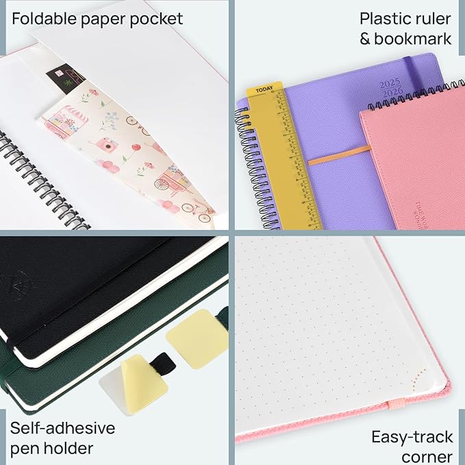 POPRUN Planner 2025-2026, Horizontal Weekly Notebook Jul.25-Jun.26 (Medium 6.75''x 8.75''), Academic Calendar Book with Monthly Tabs, Spiral Soft Cover, Inner Pocket, 100 GSM - Black