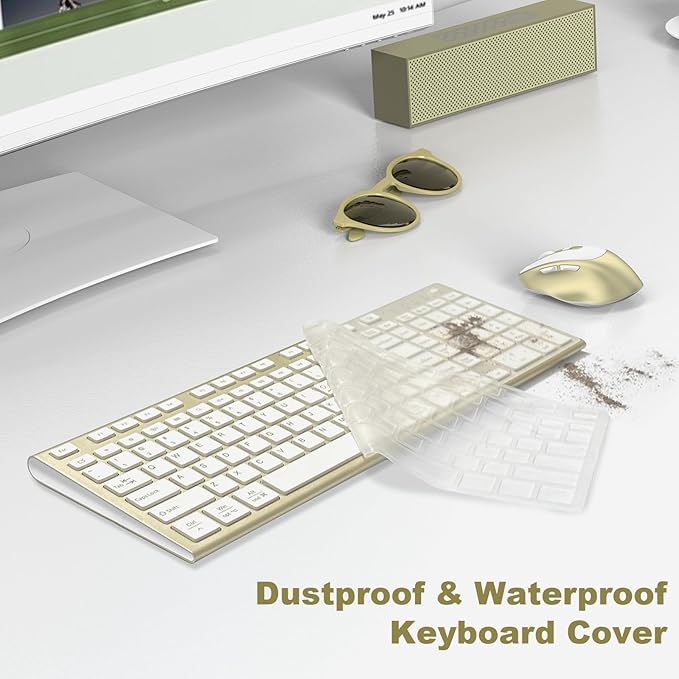 Wireless Keyboard and Mouse, USB Type C Rechargeable Slim Silent Keyboard Mouse, Compact Full-Size Keyboard with Number Pad and Cover for Windows, macOS, PC/Computer/Laptop - Gold