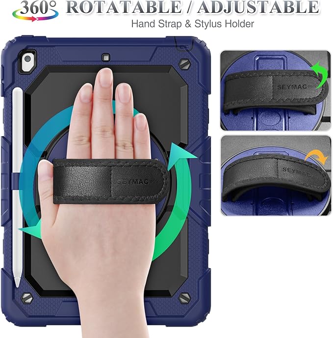 SEYMAC stock Case for iPad 9th/ 8th/ 7th Generation 10.2'', Shockproof with Screen Protector, Pencil Holder [360° Rotating Hand Strap] & Stand, for iPad 10.2 inch 2021-2019 (Navy Blue)