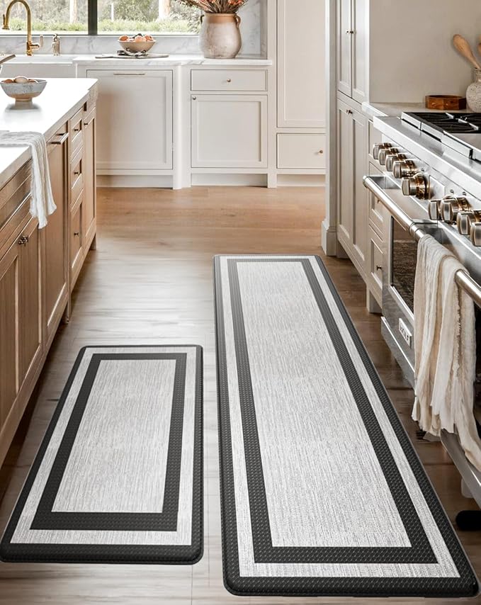 Anti-Fatigue Kitchen Mat Set – 2-Piece Memory Foam Cushioned Mats for Standing – Fabric Black, 18×30 & 18×60, 0.4 in Thick, Waterproof, Non-Slip – Homergy