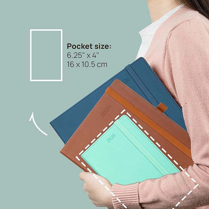 POPRUN Pocket Monthly Planner 2025-2026 (Pocket- 4''x 6.25''Soft Leather Cover) - 18 Month Calendar Book for Purse (Jul.2025-Dec.2026), 100 GSM Thick Paper - Pink