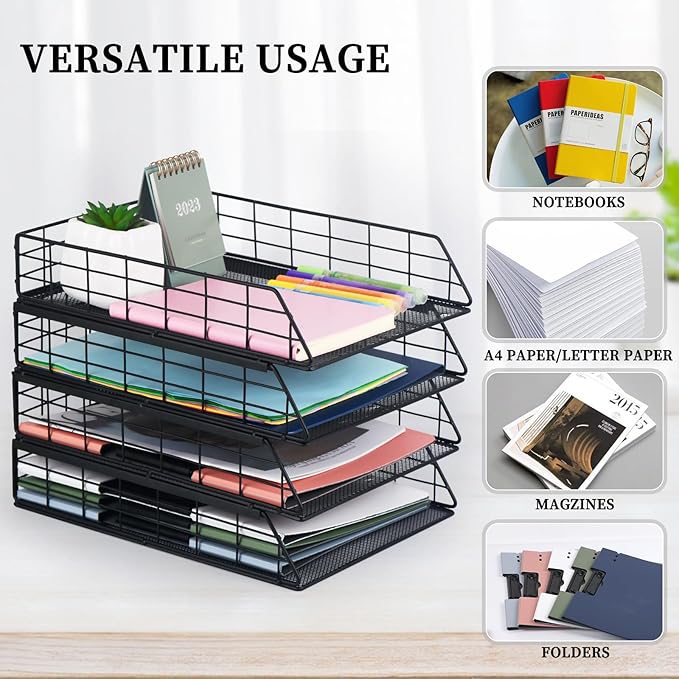 Tunnkit 4 Pack Stackable Letter Tray Paper Organizer, Metal Desk Organizer Tray for Letter/A4 Paper Storage, Suitable for Office, School, Home, Black