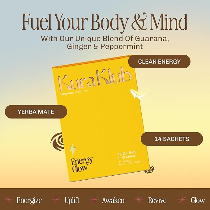 Kura Klub Yerba Mate Energy Glow Tea – Premium Energy Herbal Tea with Guarana, Ginger & Peppermint for Digestion, Gut Health & Satiety – Jitter-Free, No Crash – 3-in-1 Wellness Blend – Caffeine Alternative, No Microplastics – 14 Premium Teabags